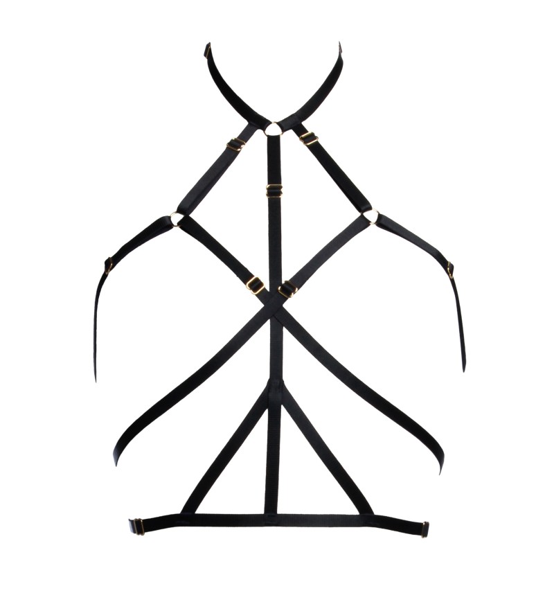 Harness Ruby in black with gold sliders. Sexy lingerie accessory inspired by bondage. Image 1