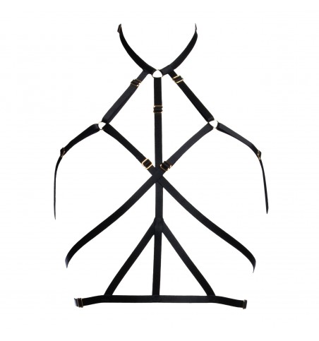 Harness Ruby in black with gold sliders. Sexy lingerie accessory inspired by bondage. Image 1