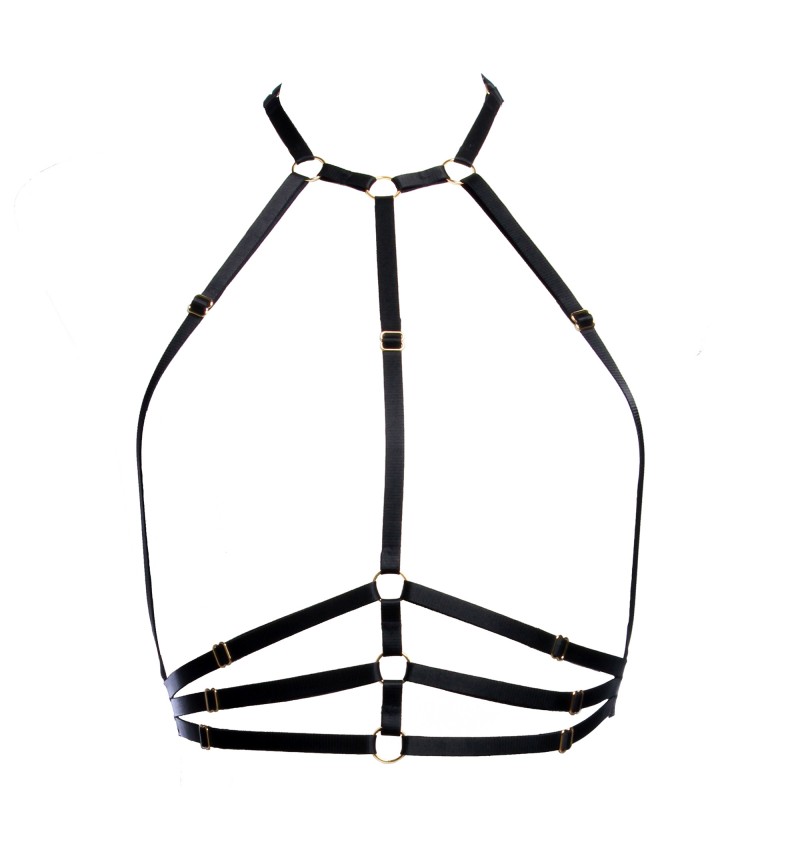 Arnês Samantha preto com deslizantes dourados. Acessório de lingerie sexy inspirado no bondage. Imagem 1